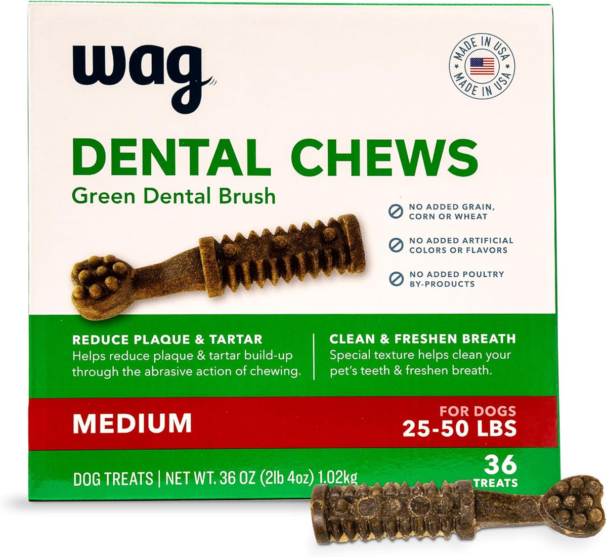 Amazon Brand - Wag Dental Dog Treats to Help Clean Teeth & Freshen Breath - Medium, Unflavored, 36 Count (Pack of 1)