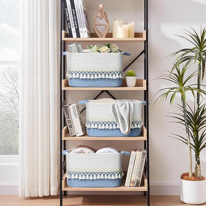 3 Pack Storage Basket for Shelves, Boho Cotton Rope Storage Bins with Heavy Tassel, Shelf Baskets Large Woven Baskets for Organizing, Cube Organizer Bins, Baby Laundry Basket for Clothes, Toys, Pets