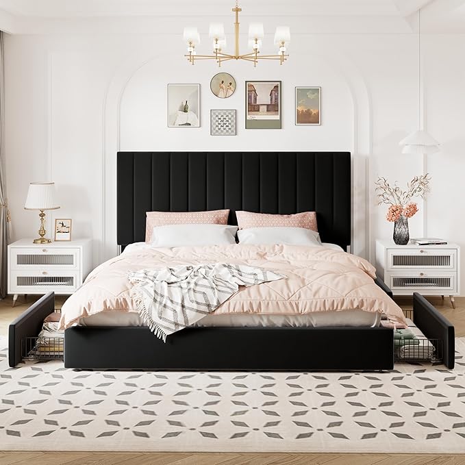 Allewie King Size Storage Bed Frame, Vertical Channel Tufted Adjustable Headboard, Velvet Upholstered Platform Bed with 4 Oversized Underbed Drawers, Wooden Slats Support, No Box Spring Needed, Black