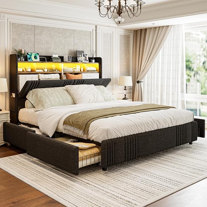 IKIFLY California King Bed Frames with Hidden Storage Headboard & 4 Drawers, 49.2” Tall Upholstered Wingback Headboard with LED Lights and Charging Station, No Box Spring Needed, Noise Free, Black