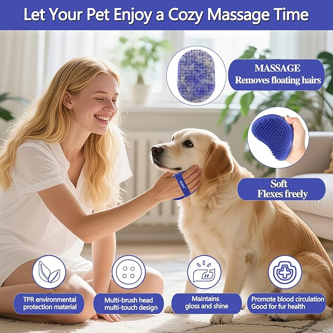 Dog bath brush, ROPO rubber massage dog shampoo brush, used for pet grooming, removing shedding fur, combing tangles and dead fur, suitable for pet dogs and cats (blue)