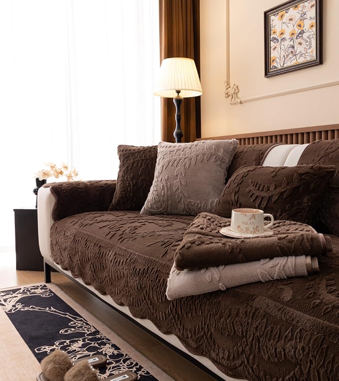 Fuzzy Rabbit Plush Sofa Cover Cozy Warm Sofa Couch Covers with 3D Jacquard Leaf Pattern Non-Slip Easy-to-Install Shaggy Sofa Slipcover Prefect for Kids Dogs Cats Cats(Caramel,36"x47")