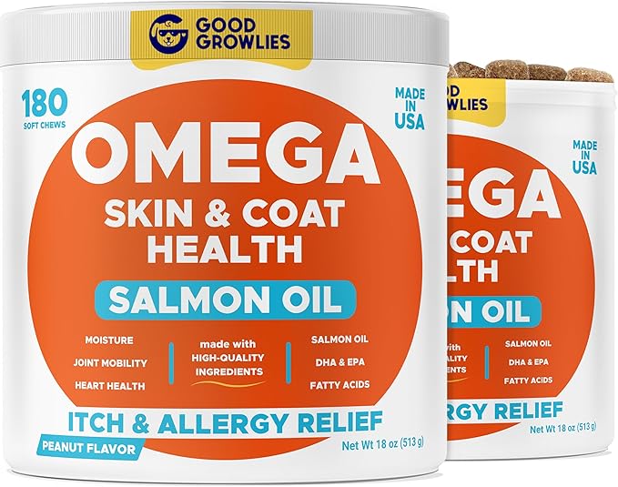 Omega 3 Fish Oil for Dogs (360Ct Peanut) - Skin&Coat Chews - Dry & Itchy Skin Relief + Allergy Support - Shiny Coat - EPA&DHA Fatty Acids - Salmon Oil Chews Promotes Heart Support