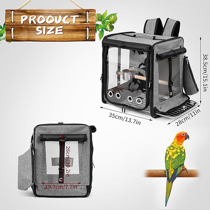Suertree Bird Carrier with Seat Belt for Car Travel, Bird Backpack Carrier with Indestructible Stainless Steel Mesh, Large Bird Carrier Travel Cage, Grey