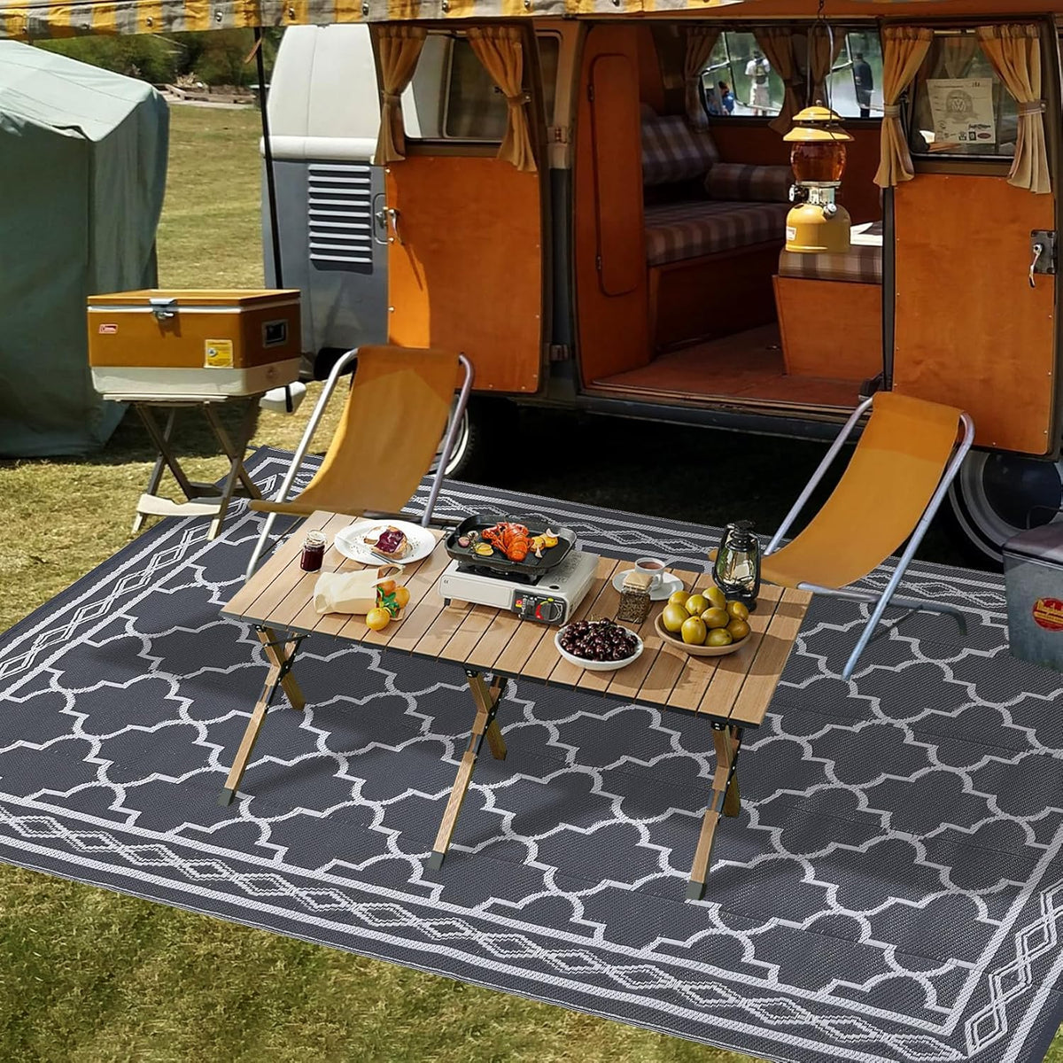 GAOMON Outdoor Rugs Patio Camping Waterproof Rug 6'x9' Plastic Straw Patio Rug Portable for Campers, Outside RVs Mat for Patios Clearance, Backyard Porch, Balcony, Grey/White(Geometric)