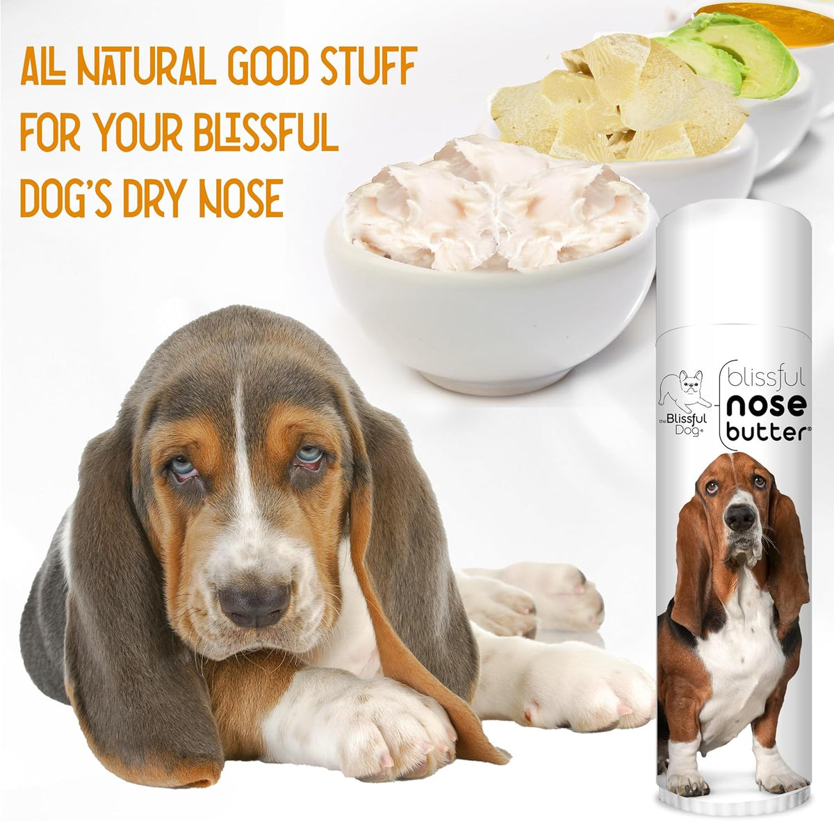 The Blissful Dog Basset Hound Nose Butter for Dry, Cracked Skin, Lick-Safe Dog Nose Balm with Moisturizing Shea Butter, Almond, Olive, and Essential Oils, Pet Supplies, Uncented, 0.50 oz.