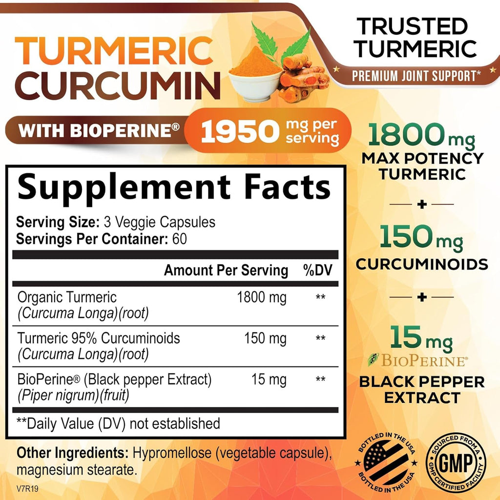 Turmeric Curcumin Supplement 1950mg - 95% Curcuminoids with Organic Turmeric & BioPerine Black Pepper Extract for Best Absorption, Nature's Vegan Joint Support, Non-GMO, Bottled in USA - 180 Capsules