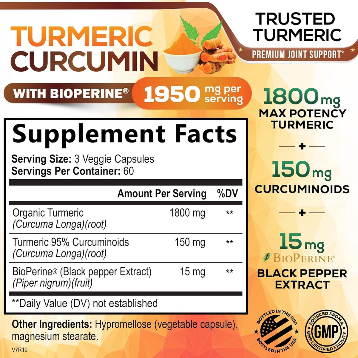 Turmeric Curcumin Supplement 1950mg - 95% Curcuminoids with Organic Turmeric & BioPerine Black Pepper Extract for Best Absorption, Nature's Vegan Joint Support, Non-GMO, Bottled in USA - 180 Capsules