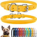 CollarDirect Rolled Leather Dog Collar, Soft Padded Round Puppy Collar, Handmade Genuine Leather Collar Dog Small Large Cat Collars 13 Colors (6-7 Inch, Yellow Textured)