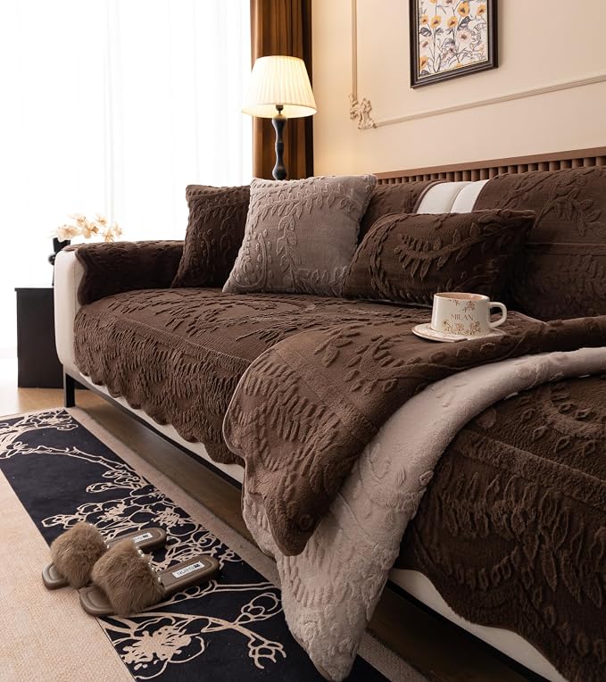 Fuzzy Rabbit Plush Sofa Cover Cozy Warm Sofa Couch Covers with 3D Jacquard Leaf Pattern Non-Slip Easy-to-Install Shaggy Sofa Slipcover Prefect for Kids Dogs Cats Cats(Caramel,36"x47")