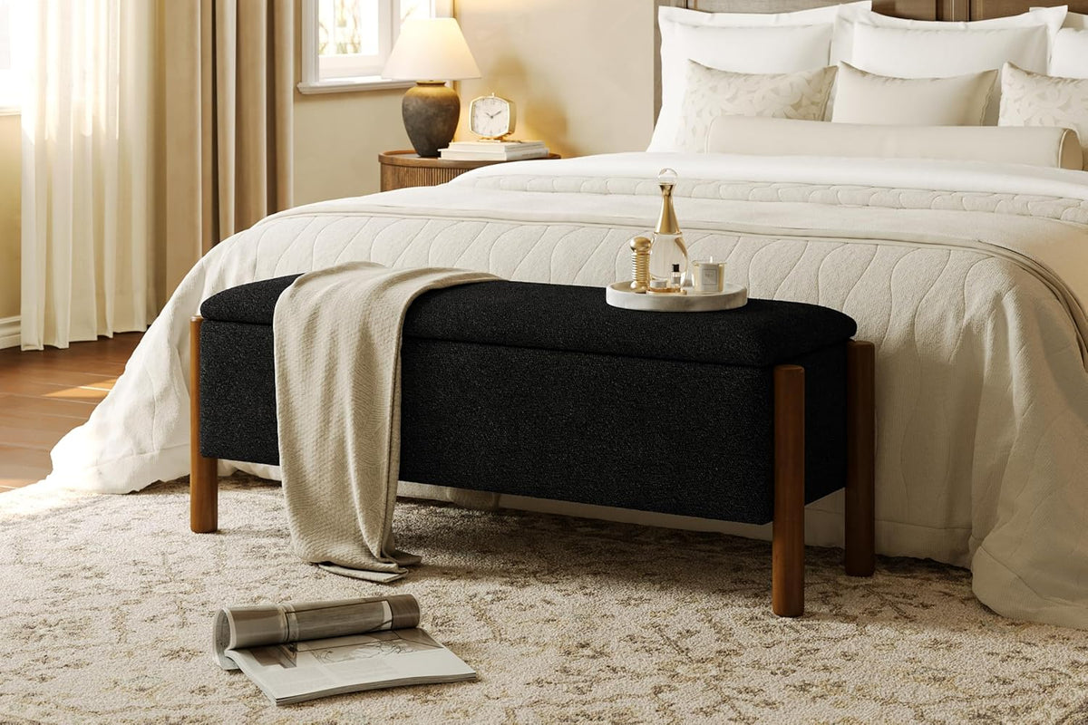 Modern Storage Benches with Walnut Wood Legs, 47'' Ottoman Bench with 20 Gallons Storage Space for Bedroom End of Bed, Fabric Upholstered Entryway Bench with Seating for Livingroom, Black