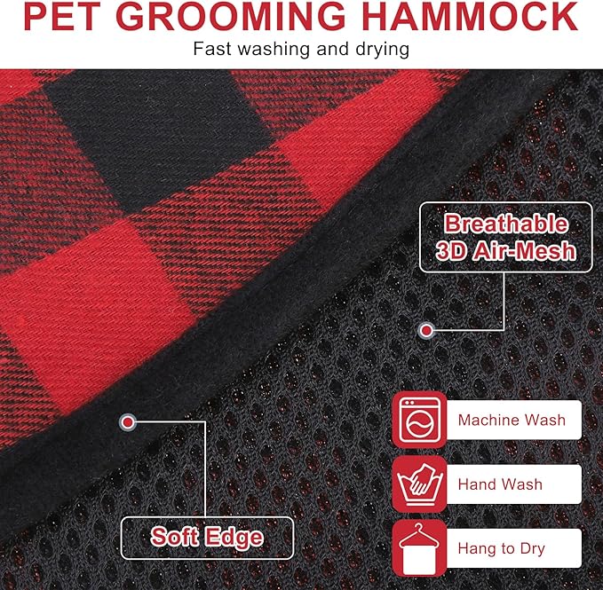 BEAUTYZOO Dog Grooming Hammock Harness for Nail Trimming - Adjustable Pet Restraint Sling for Small Medium Large Dogs/Cats -Secure Hanging Holder for Nail Clipping & Grooming (Christmas Buffalo Plaid)