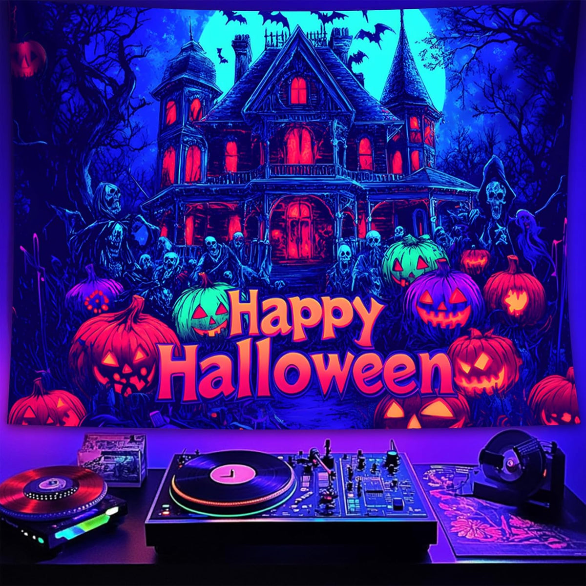 Halloween Tapestry, Blacklight Tapestry for Halloween Party Decor Hanging Tapestries Backdrop Wall Art Poster for Bedroom Dorm 90x70in