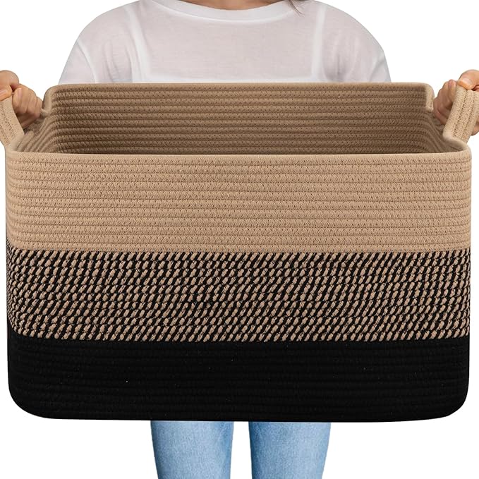 OIAHOMY Large Storage Basket, Cotton Rope Woven Blanket Basket, Toy Bin for Baby Room, Container for Blanket Storage in Living Room, 20''×16''×12'', Brown & Black