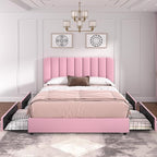 VECELO Queen Size Upholstered Bed Frame with 4 Drawers and Headboard, Velvet Platform Storage Bedframe, Wooden Slats Support, No Box Spring Needed,Pink