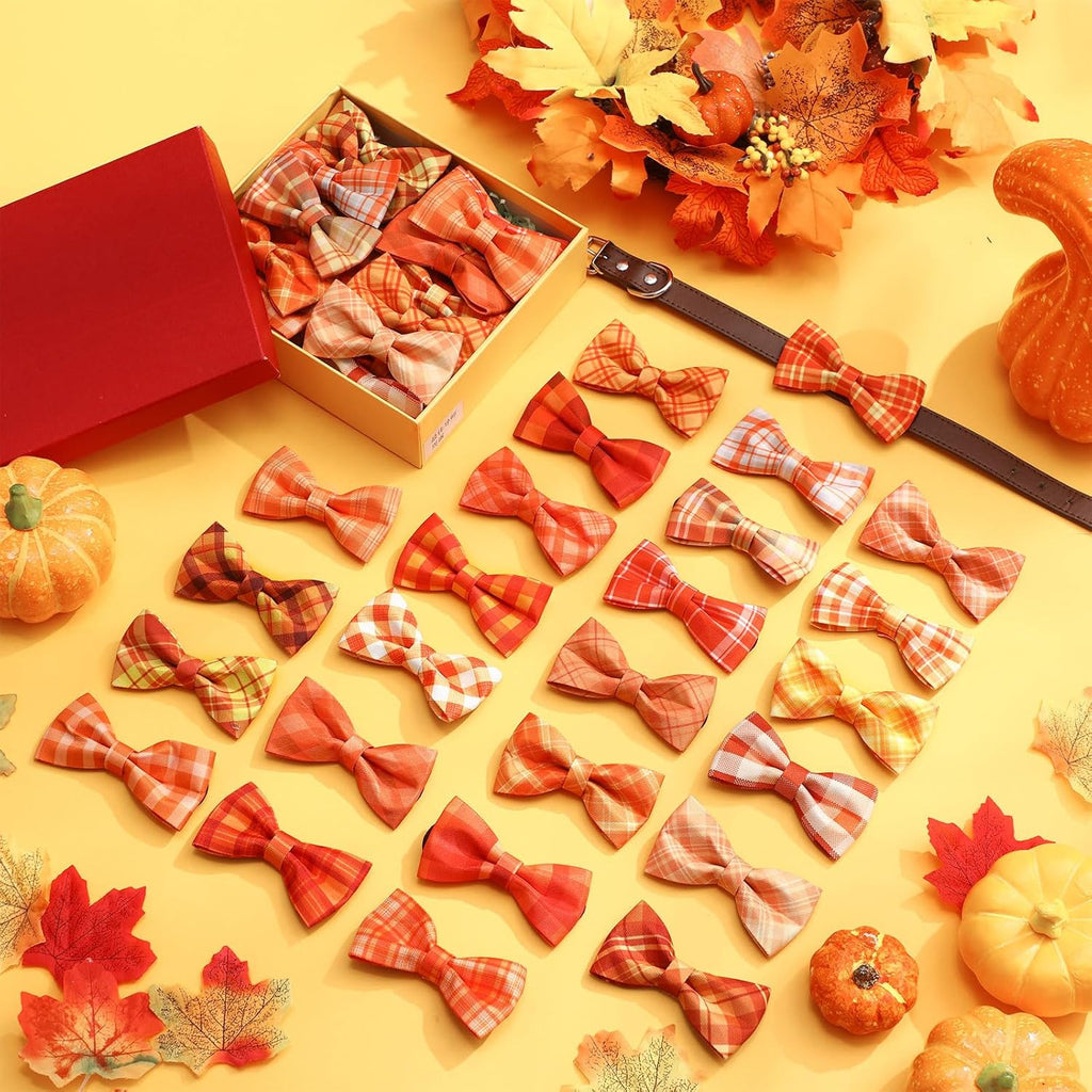 Hillban 50 Pcs Fall Thanksgiving Dog Collar Bow Ties Plaid Gingham Dogs Collar Accessories Bow Ties Attachment with Elastic Bands Detachable Charms for Pet Costume Photo Props Accessories Pet Shops