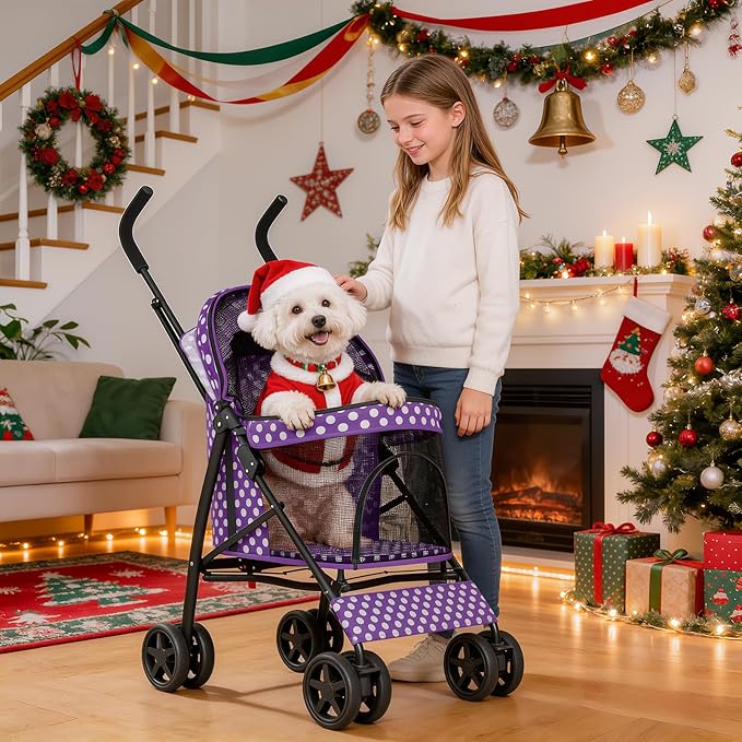 MoNiBloom 4 Wheels Pet Stroller, Easy-Fold Umbrella Shaped Dog Cat Jogger Stroller w/Storage Bag & Visible Mesh for Small/Medium Dogs Cats Purple Polka Dots