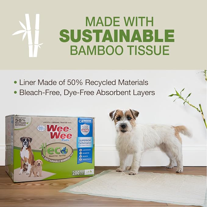 Four Paws Wee-Wee Superior Performance Eco Bamboo Dog Pee Pads, 100 Count | Earth friendly, bleach-free, dye-free, dog & puppy potty training pads, leak-proof, 24-hour protection pee pads, 22" x 23"