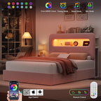 HOSTACK Full LED Bed Frame with Storage Headboard and Charging Station, Girls Bed Frame with 4 Drawers and USB Ports, Velvet Upholstered Platform Bed Frame with Bookcase, No Box Spring Needed, Pink