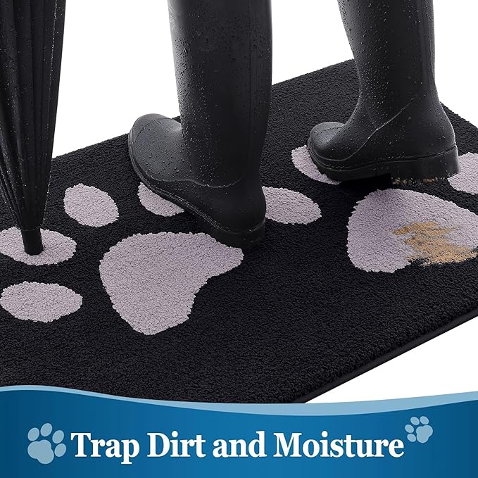 Buganda Dog Door Mat for Muddy Paws, Absorbent Dirt Trapper Washable Indoor Doormats, Non Slip Low-Profile Mud Mat for Dogs, Front Entrance Doormat for Inside Floor (48x30 Inches, Black and Grey)