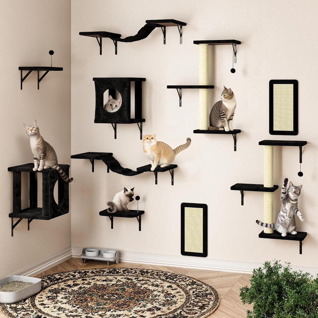 NUNU LAB Cat Wall Shelves, 10-in-1 Wall-Mounted Cat Furniture Set, Large Cat Climber Set with House, Bridge, Steps, Scratcher, DIY Playground, Shelves for Indoor Wall Furniture Set - Black