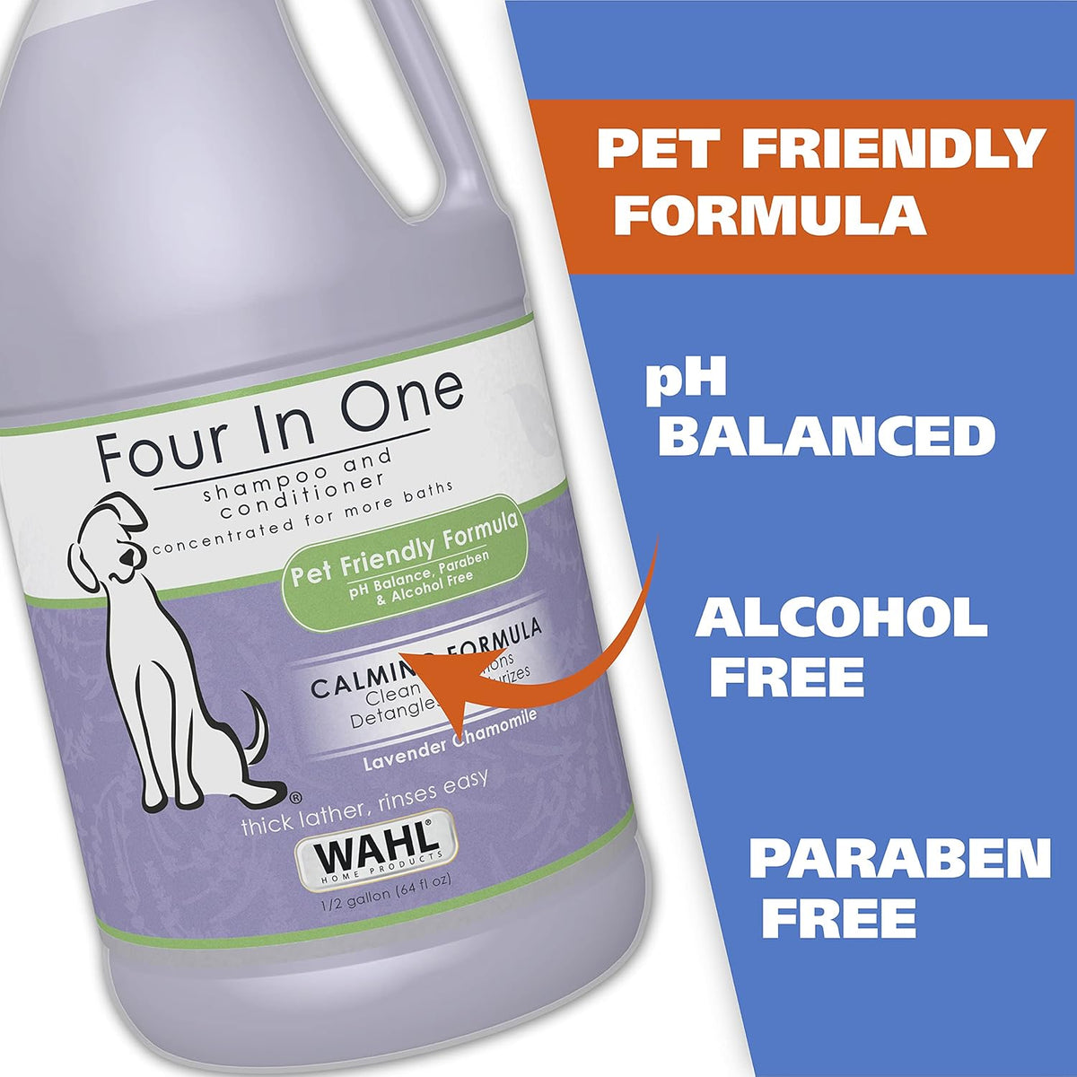 Wahl USA 4-in-1 Calming Pet Shampoo for Dogs with a Lavender Chamomile Scent – Cleans, Conditions, Detangles, & Moisturizes - Pet Friendly Formula – 64 Oz - Model 821000-050