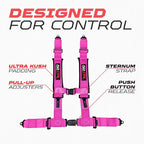 1pc 50 Cal Pink 4 Point Harness 2in Straps, Racing Harness Seat Belt | Ultra Kush padding, Push Button quick release hardware. Universal Fit for UTV, RZR, race car.