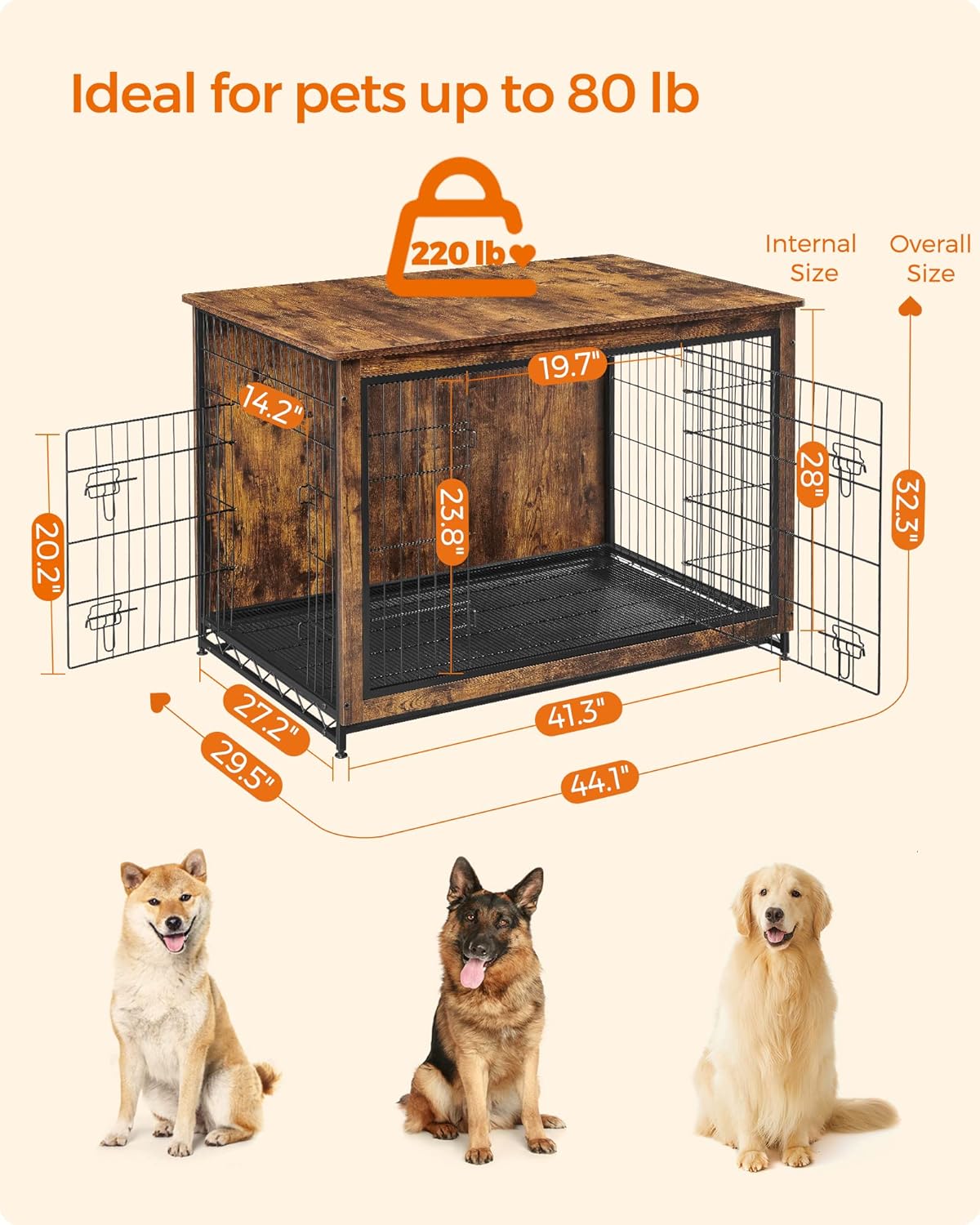 Feandrea Dog Crate Furniture, 44.1" Side End Table, Modern Kennel for Dogs Indoor up to 80 lb, Heavy-Duty Dog Cage with Multi-Purpose Removable Tray, Double-Door Dog House, Rustic Brown UPFC004X01