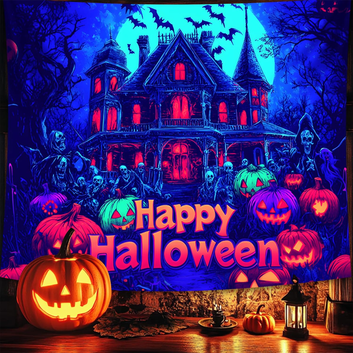 Halloween Tapestry, Blacklight Tapestry for Halloween Party Decor Hanging Tapestries Backdrop Wall Art Poster for Bedroom Dorm 90x70in