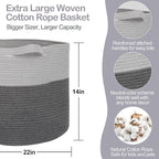 Extra Large Rope Basket, XXXL Woven Storage Basket, Large Blanket Storage for Living Room, Kids Room Toy Organizer Bin, Dog Toy Stuffed Animal Basket, Pillow Throw Blanket Holder, 22"x14"