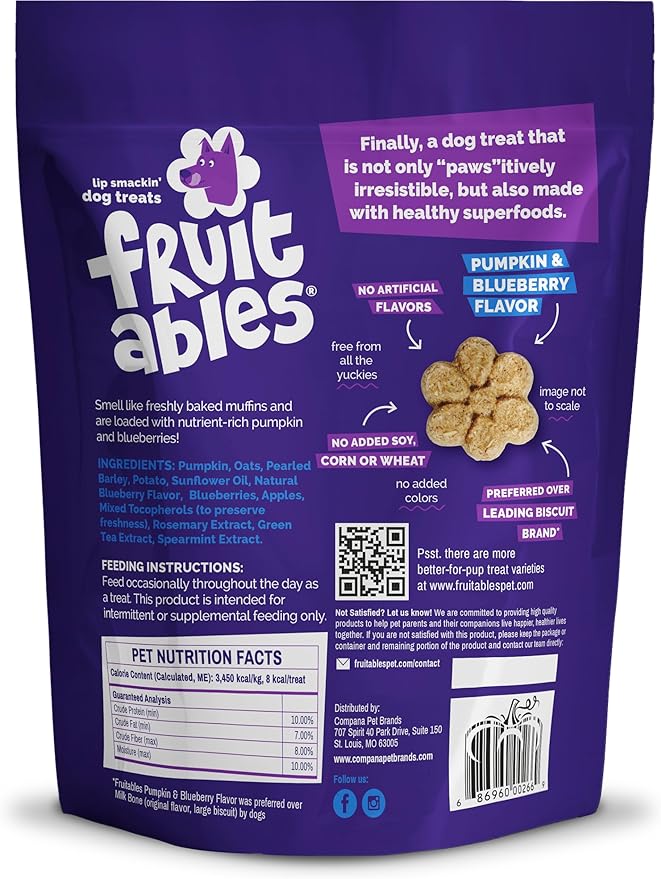 Fruitables Baked Dog Treats, Pumpkin Snacks for Dogs, Low Calorie & Delicious, No Wheat, Corn or Soy, Healthy Puppy Training Treats, Made in The USA, Pumpkin and Blueberry Flavor, 20oz