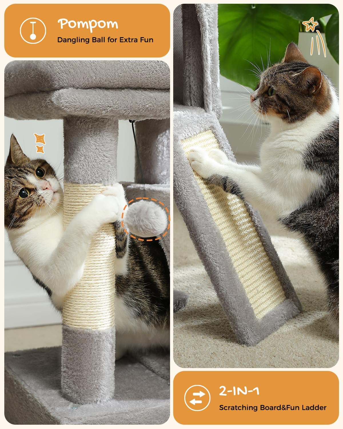 PAWZ Road Cat Tree, 30 Inches Cat Tower with Dual Condos for Indoor Cats, Plush Cat House with Padded Perch, Scratching Ramp and Posts and Replaceable Balls-Gray