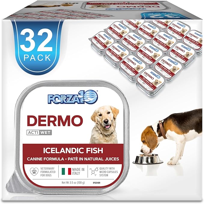 Forza10 Actiwet Dermo Wet Dog Food, Omega 3 Canned Dog Food Sensitive Skin Health, Dry Skin Fur Loss, 3.5 oz, Fish Flavor, Adult Dogs (32 Pack)