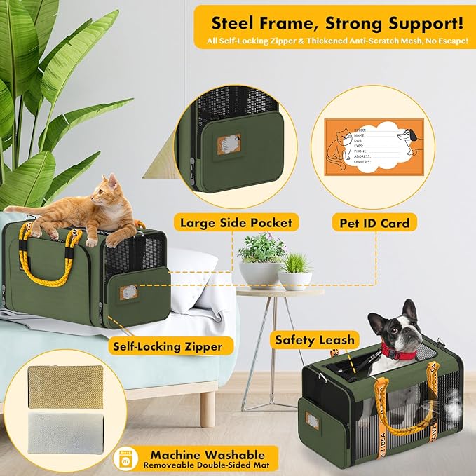 PAWZIDEA Expandable Pet Carrier with Wheels, 18"X11"X11" TSA Airline Approved Cat Carrier for 2 Cats Under Seat, Foldable Soft-Sided Dog Carrier for Small Dogs Rolling Travel Bag, Max Weight 18 lbs