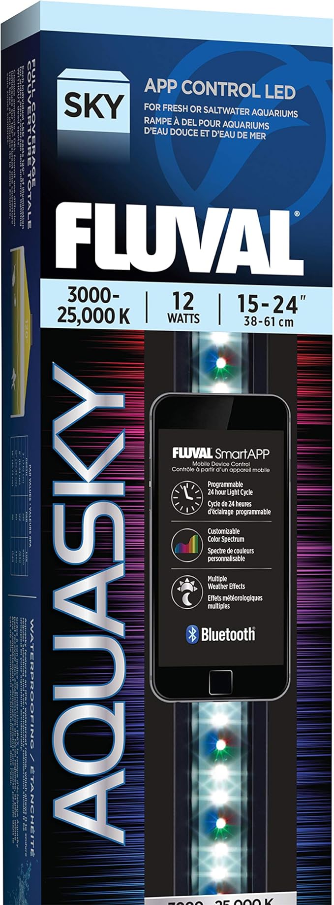 Fluval Aquasky 2.0 LED Aquarium Light – 12W, 15–24" – Adjustable RGB & 6500K White LEDs | App Controlled with Weather Effects | Freshwater & Fish-Only Marine Tanks | Extendable Brackets