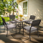 Pamapic 5-Piece Outdoor Furniture Set, Rattan Patio Dining Set with Weather-Resistant Iron Slats Table, 4 Stackable Chairs & Removable Cushions for Backyard, Deck, Garden (Grey)