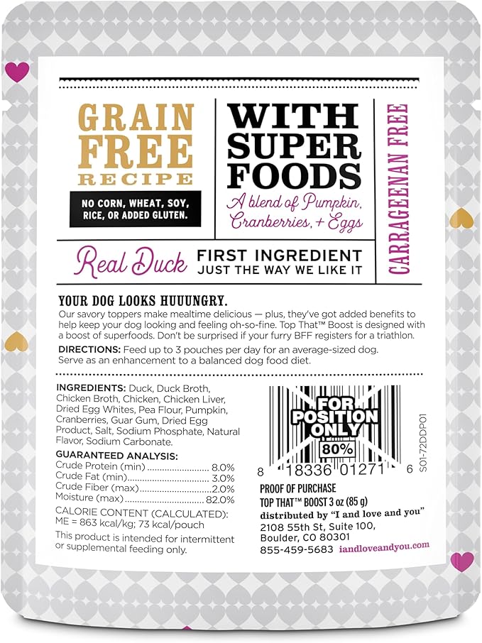 "I and love and you" Top That Boost Wet Dog Food Pouch, Duck Recipe In Gravy, 3 oz (Pack of 12)