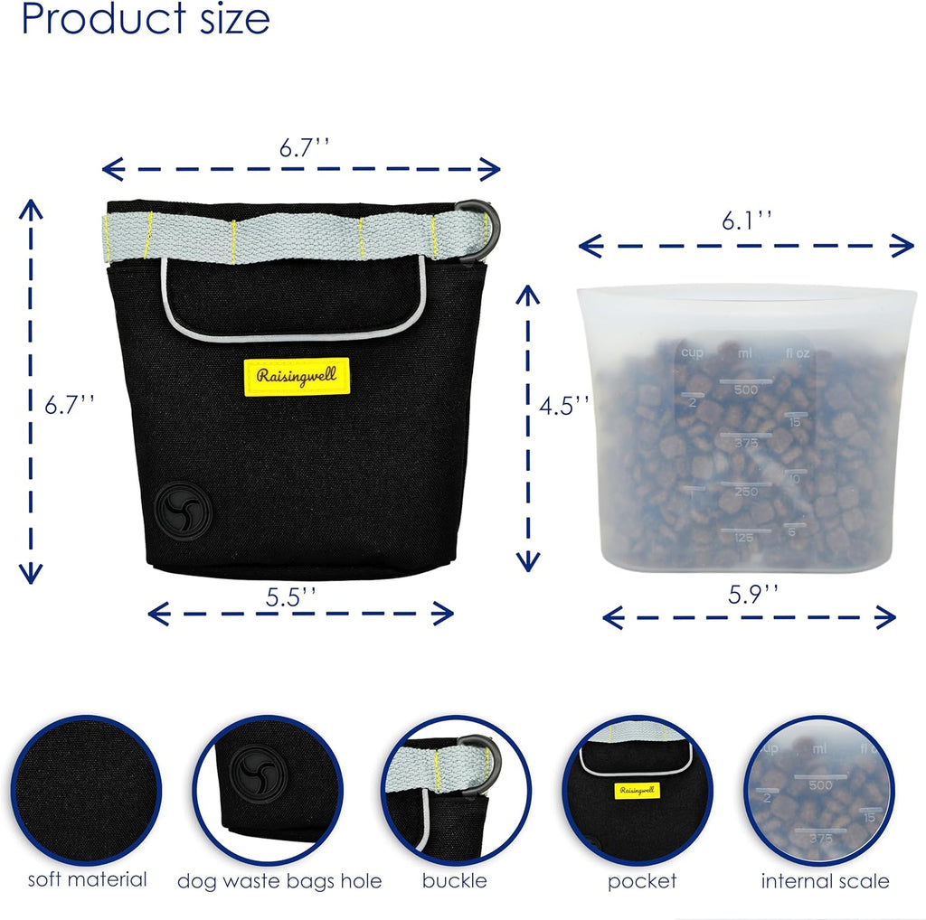 Dog Treat Pouch for Pet Walking and Training with Clicker 2 Cup Silicone Bag Small Fanny Pack Holder for Puppy Snack Dispenser Kit for Leash and Outdoor Use (Black)