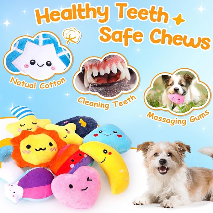 Irresistible Weather-Themed 20-Pack Squeaky Dog Toys Set for Small Dogs & Puppies, Included 16 Plush Toys with Vibrant Characters to Keep Them Busy & 4 Dog Bags