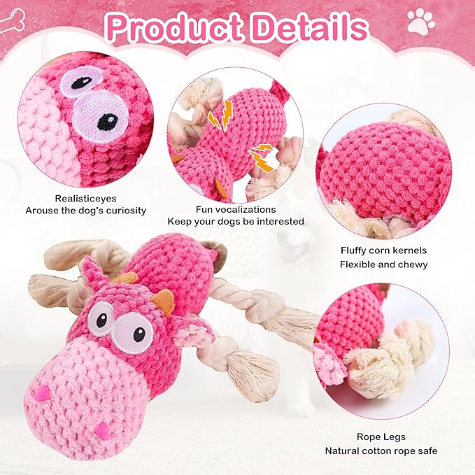 Dog Squeak Toys, Chew Rope for Small & Medium Breeds, Puppy Teething Interactive Plush Toy to Keep Them Busy, Best Birthday, Christmas, Halloween, Easter Gift, Hippo