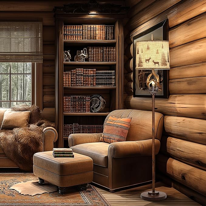 Scenekoy Rustic Farmhouse Antlers Floor Lamp with Nightlight Brown Finish Round Shade Lamps for Living Room Bedroom Office Study House