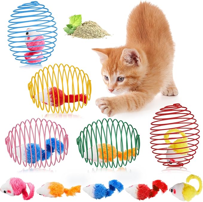 Jecery 5 Pcs Halloween Cat Spring Balls Toys Stretchable Rolling Balls Colorful Playful Coils Interactive Spring Action Toy Caged Rats for Kitten Cat Pet Supplies(Catnip Rats,Bright Color,5 Pcs)