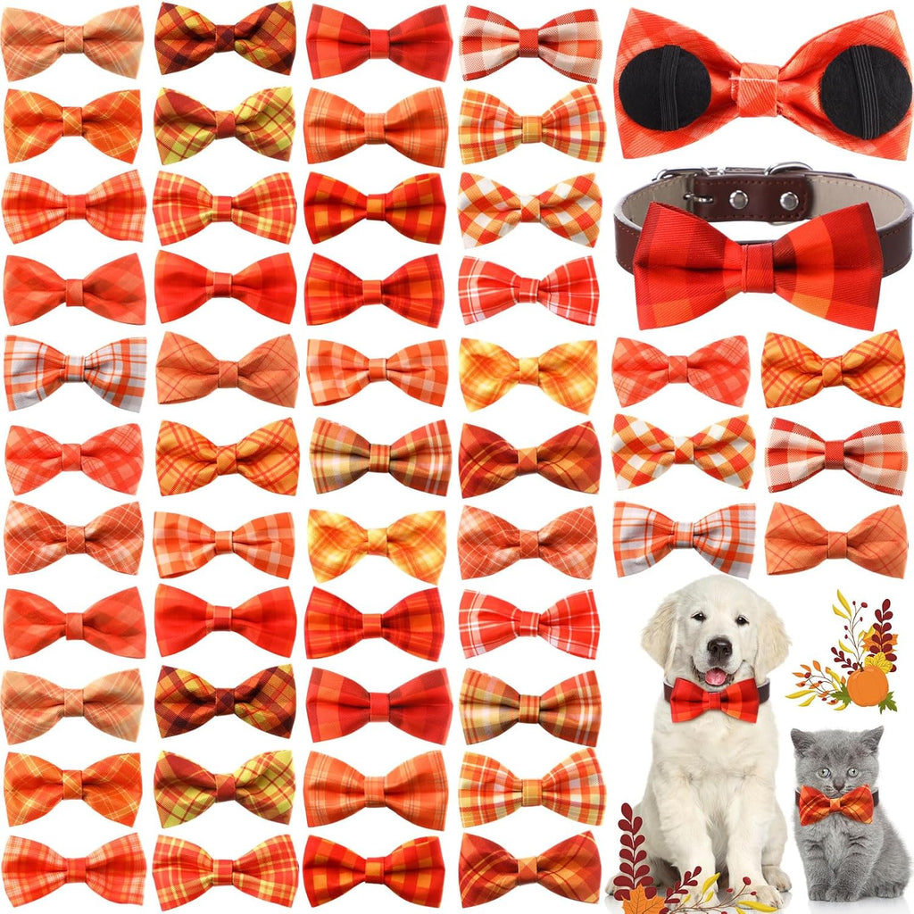Hillban 50 Pcs Fall Thanksgiving Dog Collar Bow Ties Plaid Gingham Dogs Collar Accessories Bow Ties Attachment with Elastic Bands Detachable Charms for Pet Costume Photo Props Accessories Pet Shops