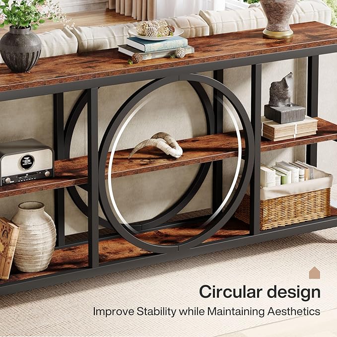Tribesigns 70.9 Inch Extra Long Console Table for Entryway, Sofa Table Behind Couch with 3 Tier Wood Storage Shelves Industrial Metal Frame for Living Room Hallway Entryway, Brown Black