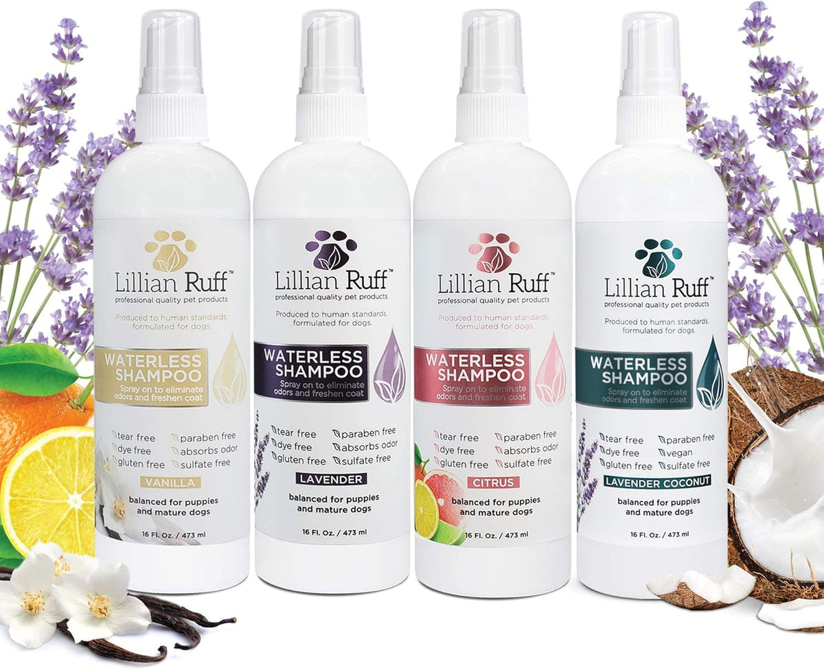 Lillian Ruff Waterless No-Rinse Dog Dry Shampoo Spray with Hydrating Essential Oils - pH-Balanced Dry Shampoo for Dogs - Clean, Condition, Detangle & Deodorize Dry, Sensitive Skin (Gallon)