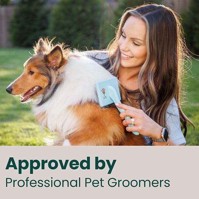 Pet Slicker Brush With Soft Massage Grooming Stainless Steel Pins - For Dematting, Shedding Fur, and Undercoat - Ideal Gift for Professional Pet Groomers - Long Slicker Brush (Blue, Curved Large)