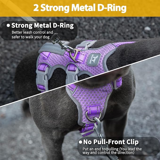 Escape Proof Dog Harness, No Pull Reflective Harness with Lift Handle,Adjustable Pet Vest with Front and Back Leash Clips for Small Medium Large Dogs Walking Hiking Training(Lavender Purple,L)