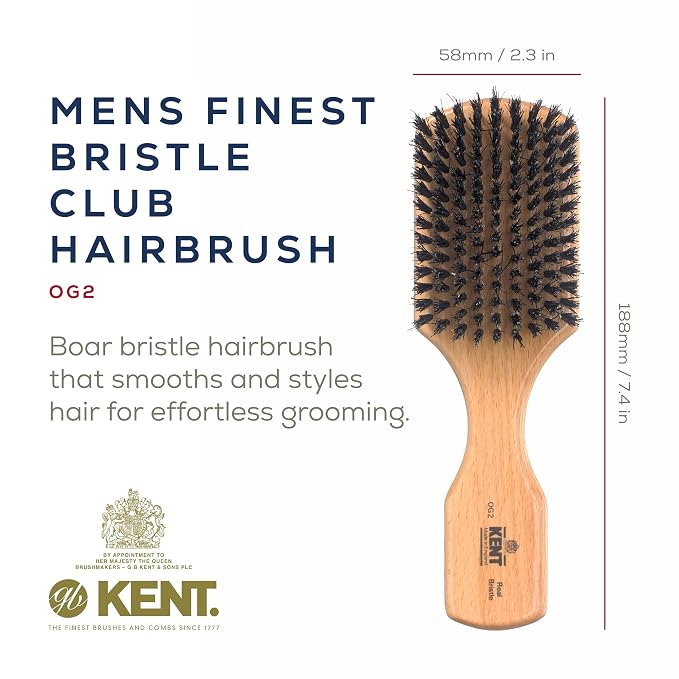 Kent OG2 Beechwood Club HairBrush, 100% Natural Boar Bristle for Mens Grooming, All Hair Types and Beard Lengths, Travel Size with Hair Brush Cleaner, Slick Back Hair brush
