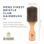 Kent OG2 Beechwood Club HairBrush, 100% Natural Boar Bristle for Mens Grooming, All Hair Types and Beard Lengths, Travel Size with Hair Brush Cleaner, Slick Back Hair brush
