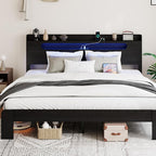 Wooden King Size Bed Frame with Storage Headboard, Farmhouse Platform Bedframe with Charging Station & Led Lights, Sturdy Wood Slat Framework, Easy Assembly (Rustic Black, King)